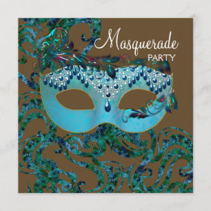 Invitación Fiesta de la mascarada azul marrón y Verde azulado