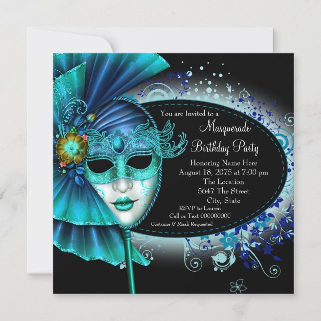 Invitación Fiesta de la mascarada azul medianoche verde azula (Anverso)