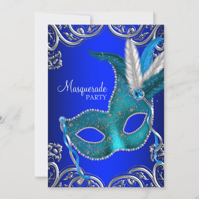 Invitación Fiesta de la Mascarada Azul Real y Verde azulada (Anverso)