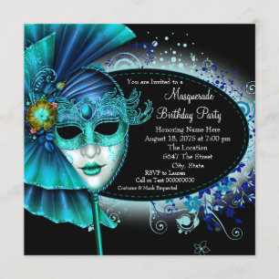 Invitación Fiesta de la mascarada azul Verde azulada medianoc