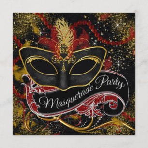 Invitación Fiesta de la mascarada Black Red Gold Pearl Glam