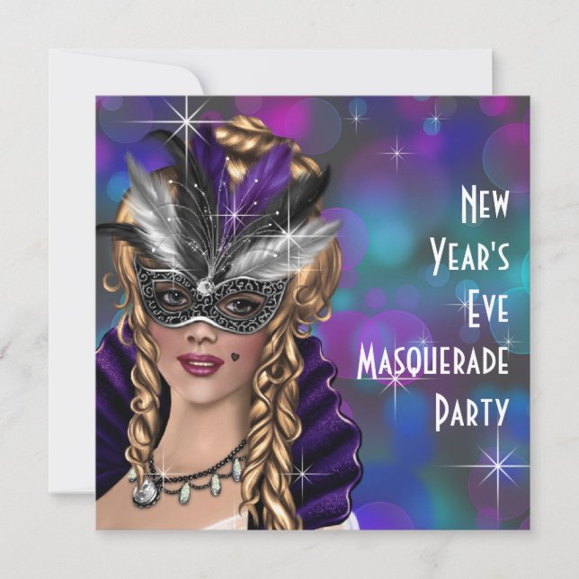 Invitación Fiesta de la mascarada de Año Nuevo verde azulado  (Anverso)