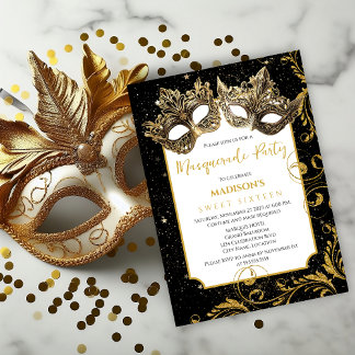 Invitación Fiesta de la mascarada de cumpleaños de oro