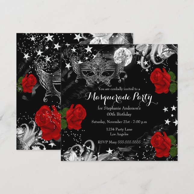 Invitación Fiesta de la Mascarada de la Noche Mágica Red Rose (Anverso / Reverso)