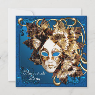 Invitación Fiesta de la mascarada de oro azul Mardi Gras