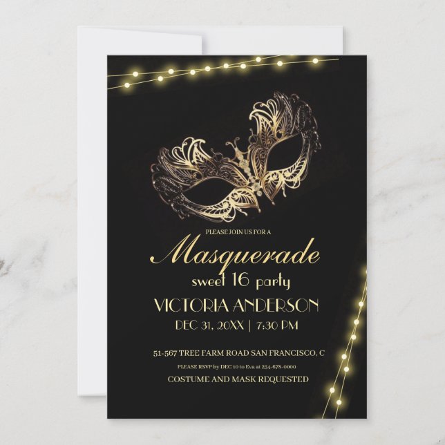 Invitación Fiesta de la Mascarada de Oro Negro Moderno Cumple (Anverso)