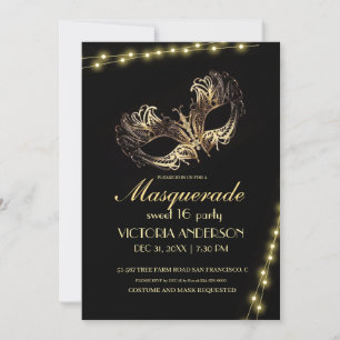 Invitación Fiesta de la Mascarada de Oro Negro Moderno Cumple