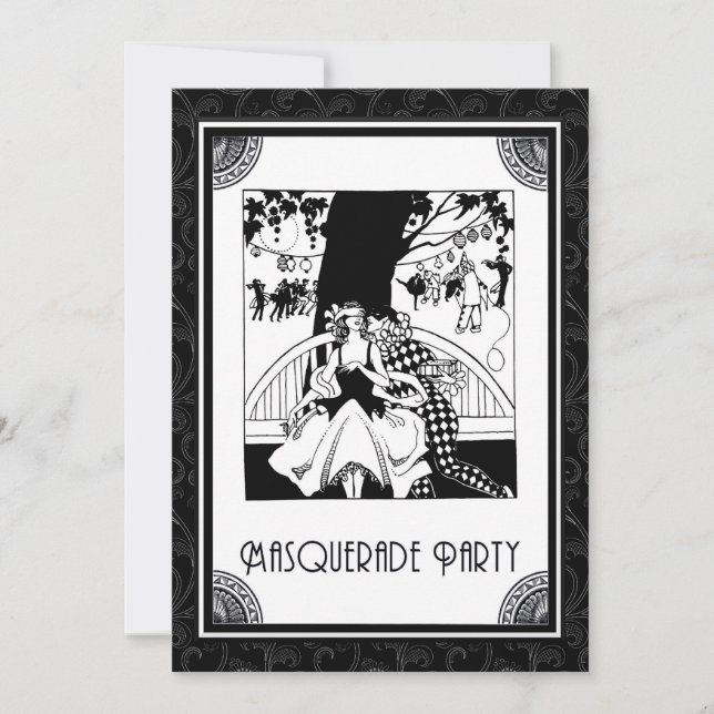 Invitación Fiesta de la mascarada del art déco en blanco y (Anverso)