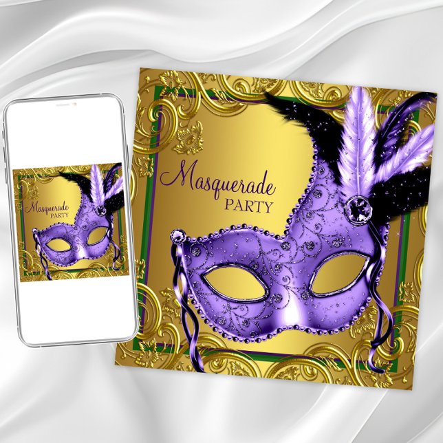 Invitación Fiesta de la Mascarada del Mardi Gras de Oro Verde (Any occasion masquerade party invitation. Perfect for Mardi Gras theme prom or party.)