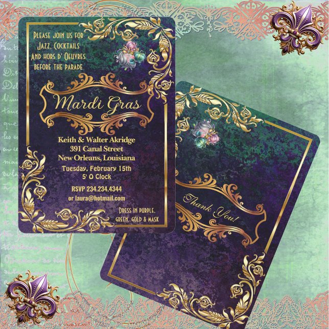 Invitación Fiesta de la Mascarada del Mardi Gras dorado de es (Emerald Purple Golden Mardi Gras Masquerade Party Invitation)