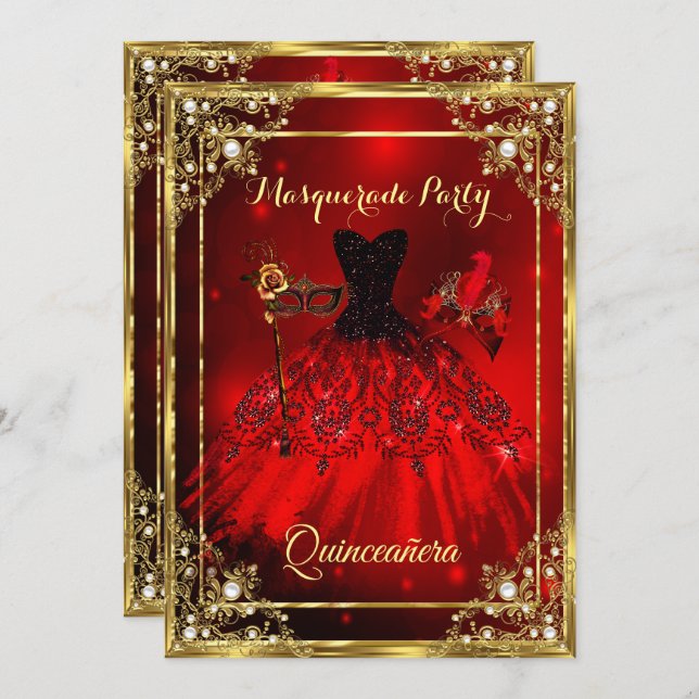 Invitación Fiesta de la mascarada del vestido Quinceanera de  (Anverso / Reverso)