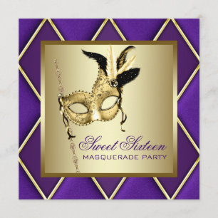 Invitación Fiesta de la mascarada dorada morada