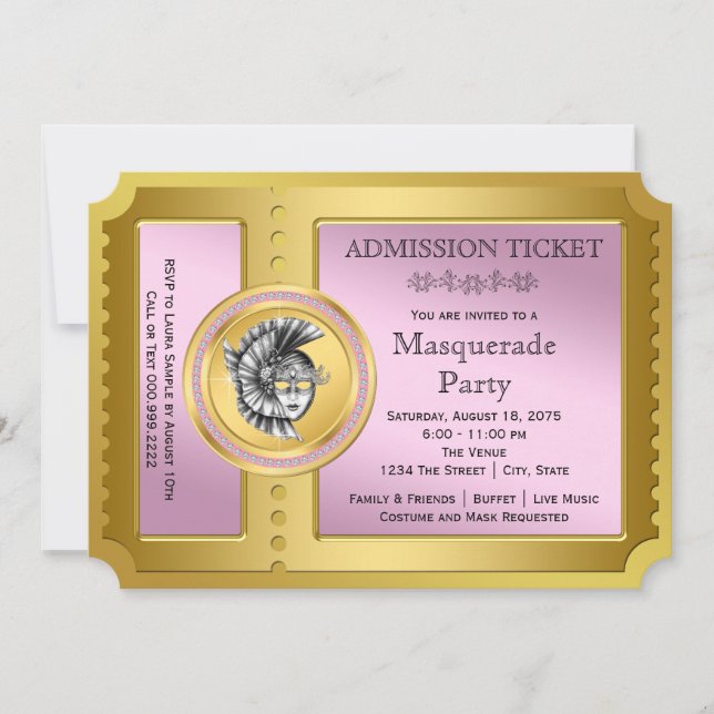 Invitación Fiesta de la Mascarada Dorada y Rosa (Anverso)
