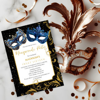 Invitación Fiesta de la mascarada Gold Blue Birthday