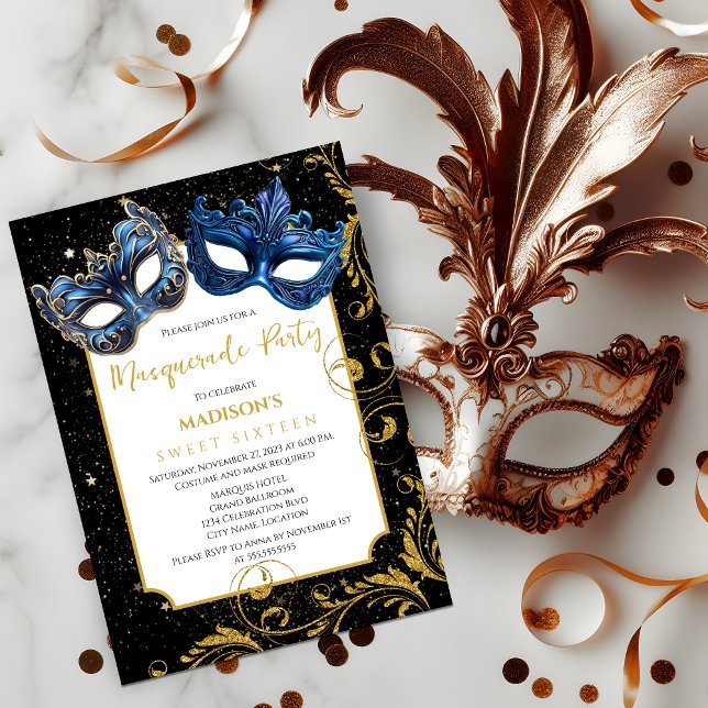 Invitación Fiesta de la mascarada Gold Blue Birthday (Celebrate a birthday with an elegant masquerade ball by inviting your guests with this invitation.)