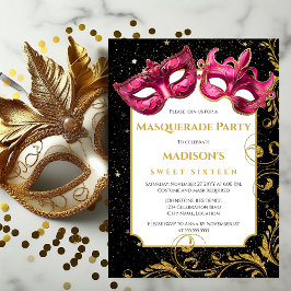 Invitación Fiesta de la mascarada Gold Pink Birquerade