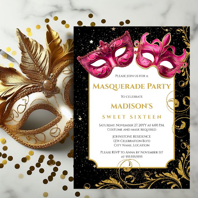 Invitación Fiesta de la mascarada Gold Pink Birquerade (Pink and gold masks masquerade party invitation front view.)