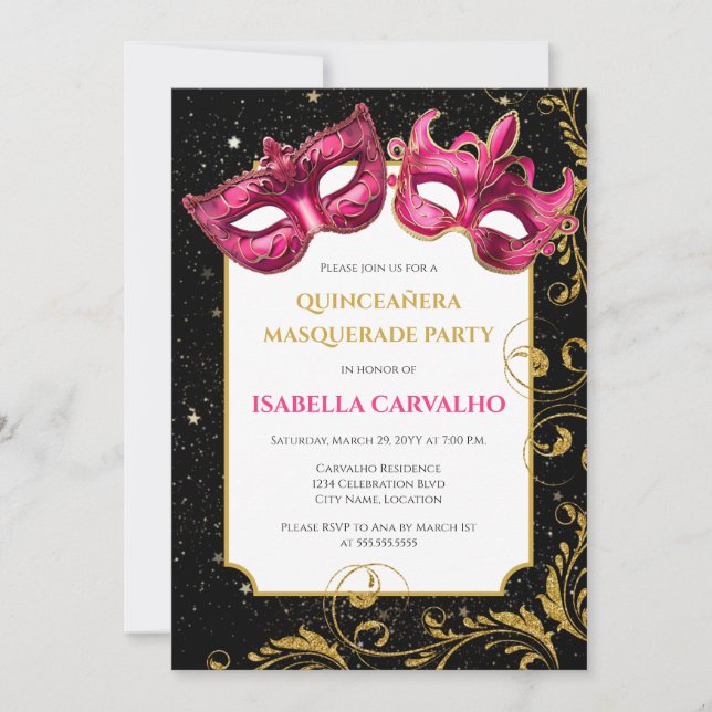 Invitación Fiesta de la mascarada Lux Quinceañera (Anverso)