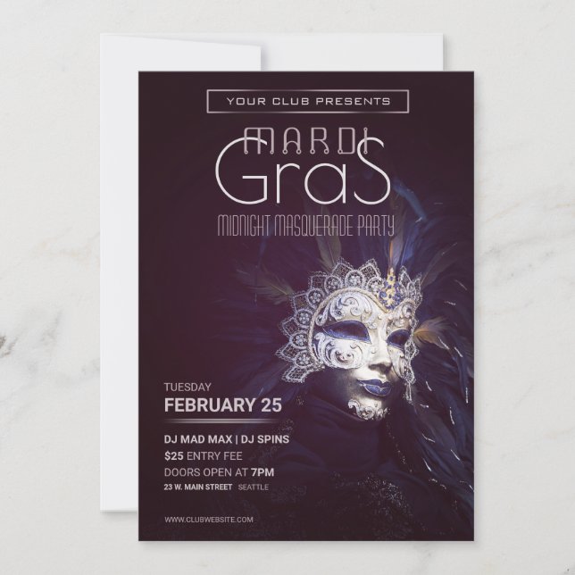 Invitación Fiesta de la mascarada Mardi Gras (Anverso)