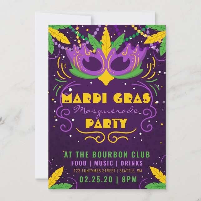 Invitación Fiesta de la mascarada Mardi Gras (Anverso)