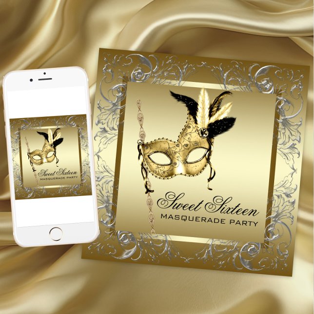 Invitación Fiesta de la mascarada negra de oro (Any occasion masquerade party invitation. Add your text. Download and printed invitations available.)