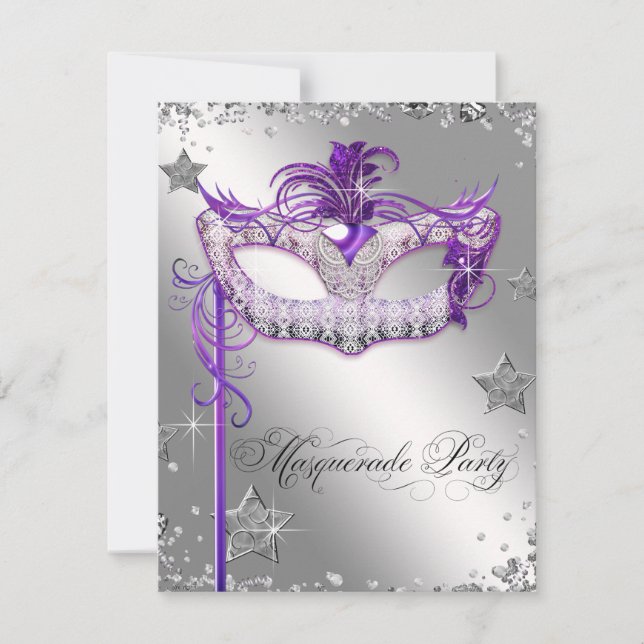 Invitación Fiesta de la mascarada púrpura de Confetti platead (Anverso)
