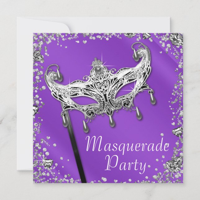 Invitación Fiesta de la mascarada púrpura de lavanda de Confe (Anverso)