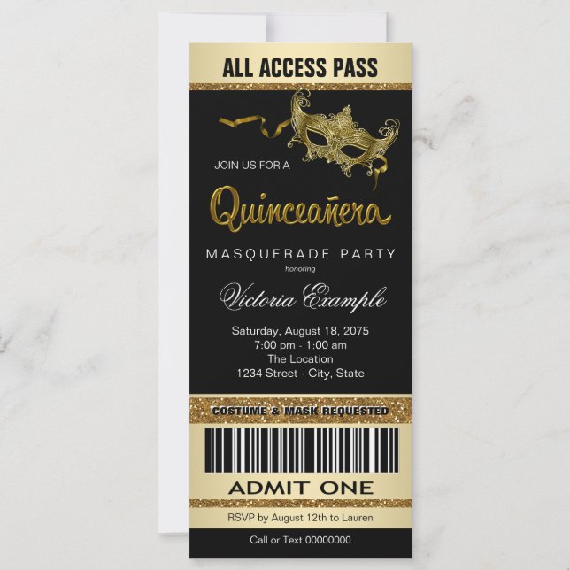 Invitación Fiesta de la Mascarada Quinceanera (Anverso)