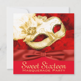 Invitación Fiesta de la mascarada Red Gold Feather