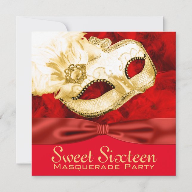 Invitación Fiesta de la mascarada Red Gold Feather (Anverso)