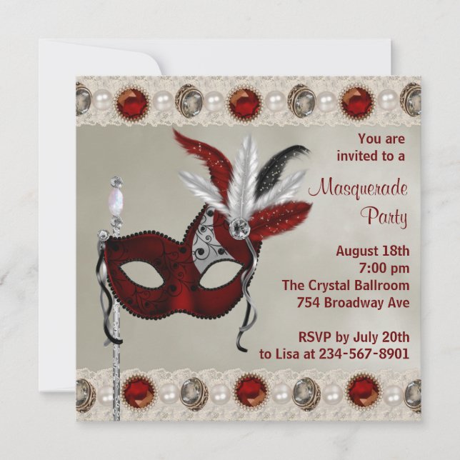 Invitación Fiesta de la mascarada roja Pearl Gold (Anverso)