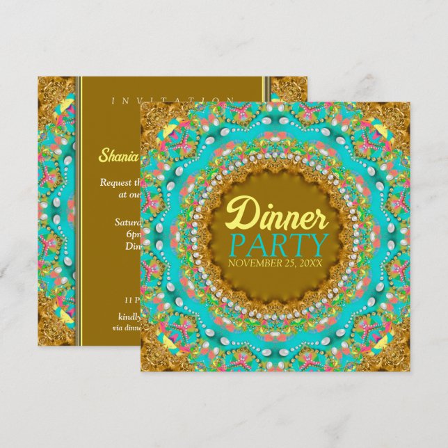 Invitación Fiesta de la moderna cena de oro de Bohemia Aqua (Anverso / Reverso)