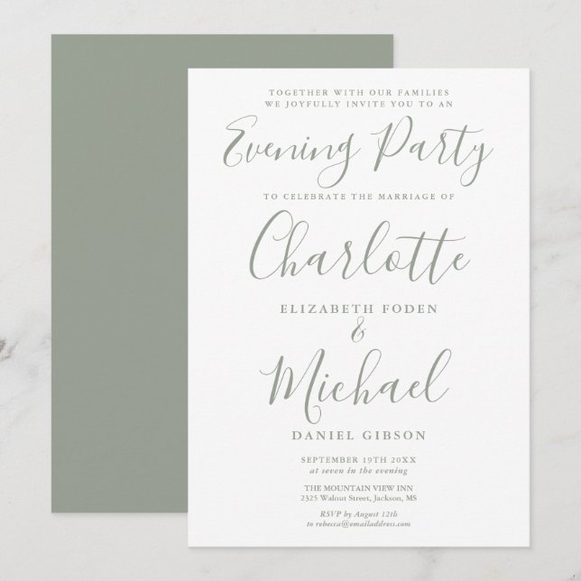 Invitación Fiesta de la noche de Boda de firma verde sabio mo (Anverso / Reverso)