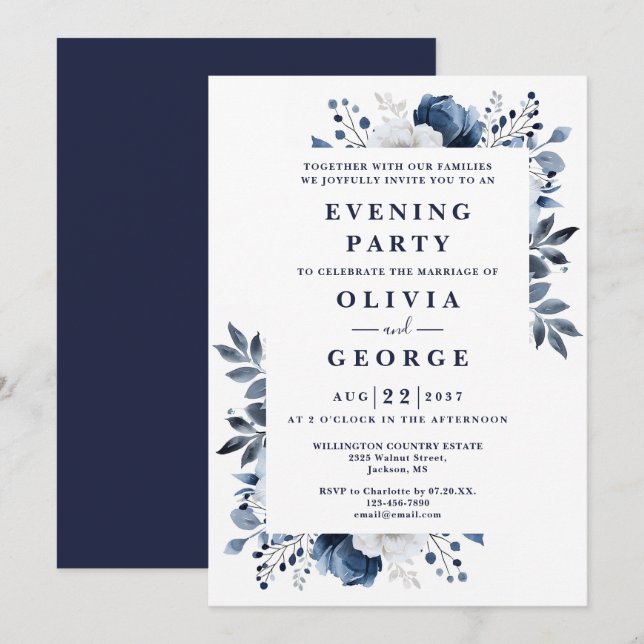 Invitación Fiesta de la noche de Boda floral elegante azul de (Anverso / Reverso)