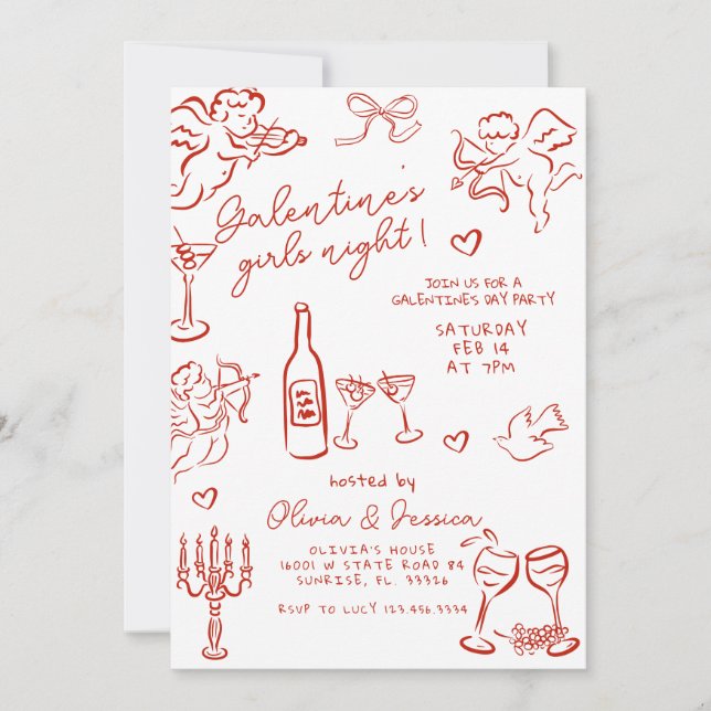 Invitación Fiesta de la noche de Chicas de Red Galentine (Anverso)