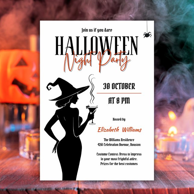 Invitación Fiesta de la noche de Halloween de Black Witch Sil (Black Witch Silhouette Halloween Night Party Invitation)