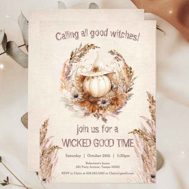 Invitación Fiesta de la noche de los Chicas de Halloween de l (Good Witch Pumpkin Halloween Boho Girls Out Night or Birthday Invitation)