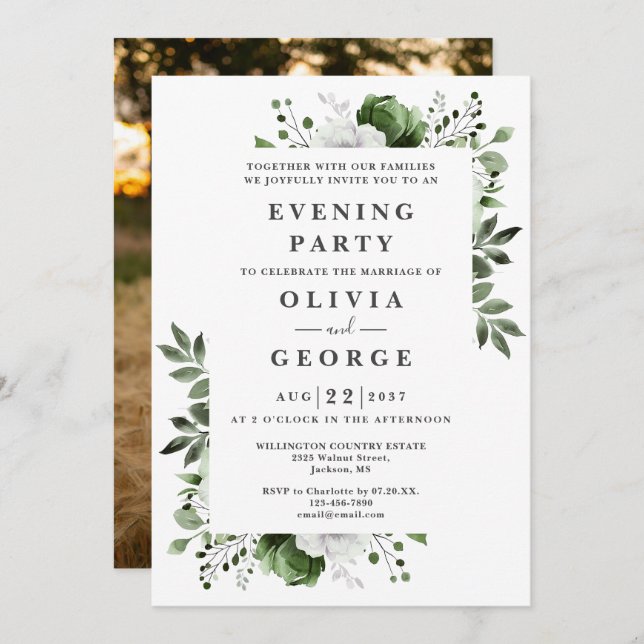 Invitación Fiesta de la noche del Boda de Olive Green Floral  (Anverso / Reverso)