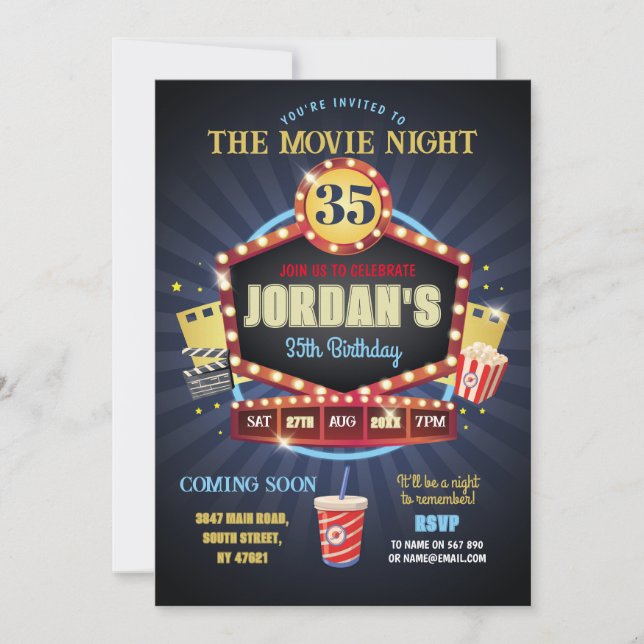 Invitación Fiesta de la noche del cine Birthday Popcorn Film (Anverso)