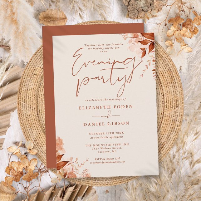Invitación Fiesta de la Noche Rustic Floral Fall Wedding (Rustic Floral Fall Wedding Evening Party Invitation)