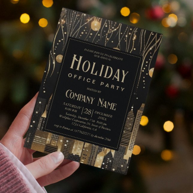 Invitación Fiesta de la oficina de vacaciones en negro y oro  (Subido por el creador)