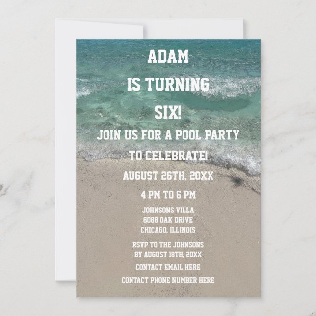Invitación Fiesta de la piscina 6º cumpleaños Sexta playa art (Anverso)