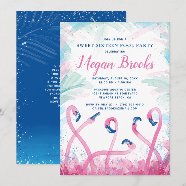 Invitación Fiesta de la piscina azul rosado Flamingo 16 cumpl (Anverso / Reverso)
