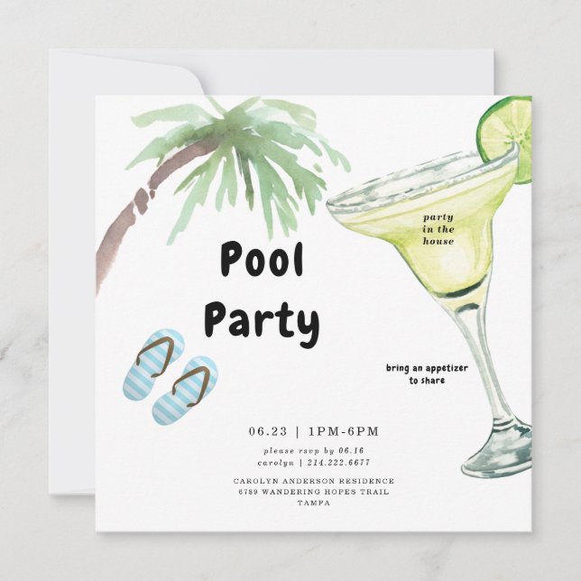 Invitación Fiesta de la piscina blanca Margarita, árbol de pa (Anverso)