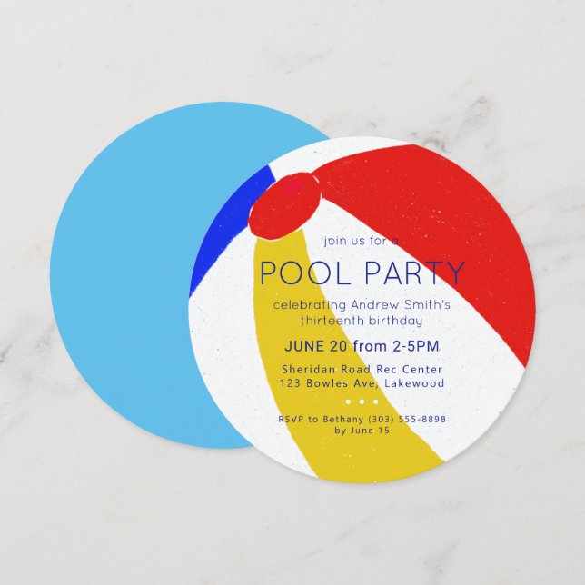 Invitación Fiesta de la piscina Classic Beach Ball (Anverso / Reverso)