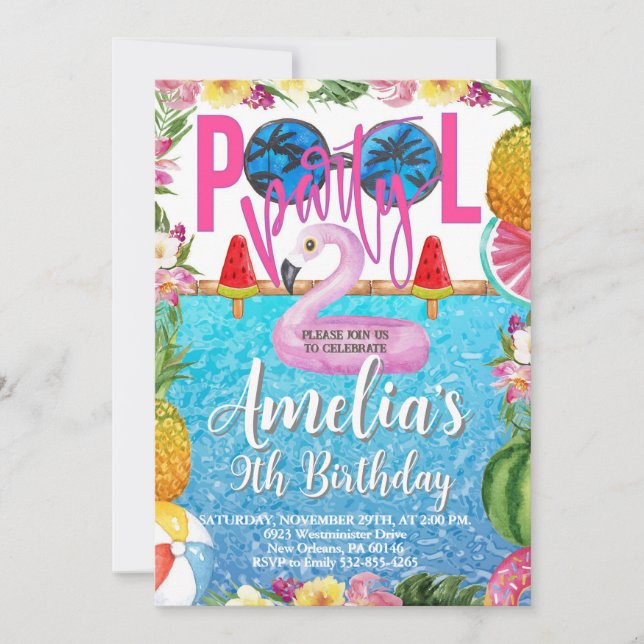 Invitación Fiesta de la piscina Cumpleaños, Fiesta de natació (Anverso)