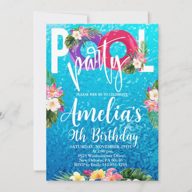 Invitación Fiesta de la piscina Cumpleaños, Fiesta de natació (Anverso)