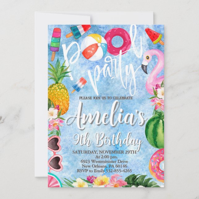 Invitación Fiesta de la piscina Cumpleaños, Fiesta de natació (Anverso)