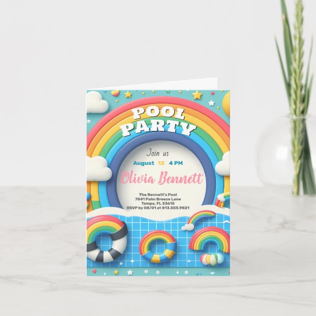 Invitación Fiesta  de la piscina de arcoiris editable Natació (Anverso)