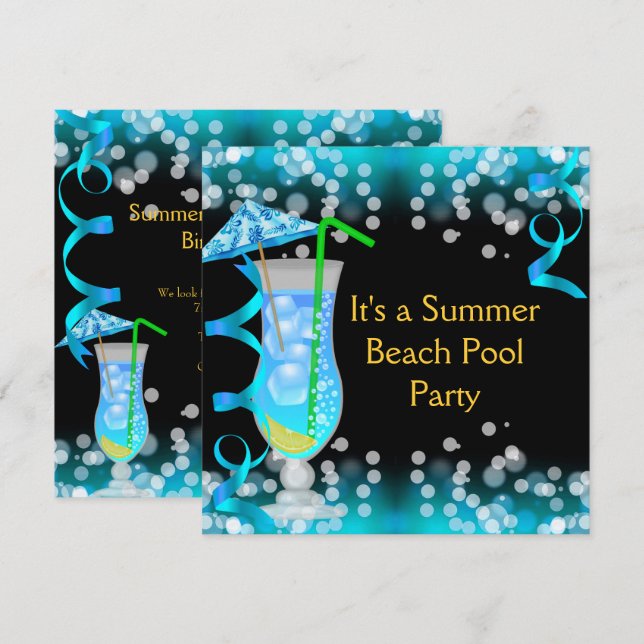 Invitación Fiesta de la piscina de cócteles Azul de verano (Anverso / Reverso)